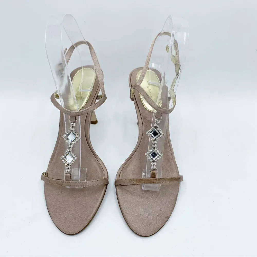 Women's Nina Champagne‎ Satin Crystal Embellished Strappy Evening Sandal Sz 9